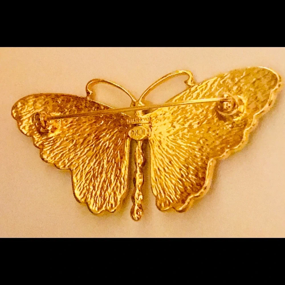 Kenneth Jay Lane Butterfly Pin and Box  Green Enamel Rhinestones made Thailand